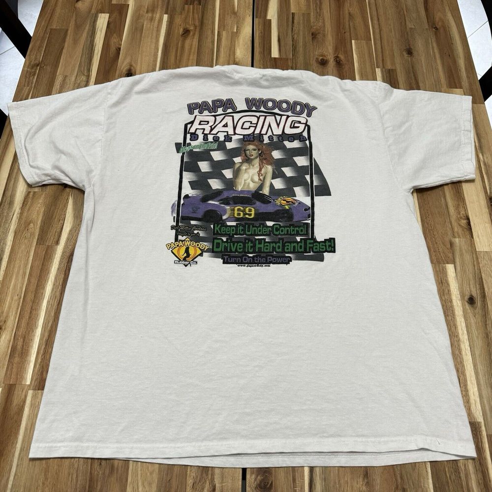 Vintage Papa Woody Rubber Co Racing Shirt Mens 2XL White Delta Parody Funny 90s